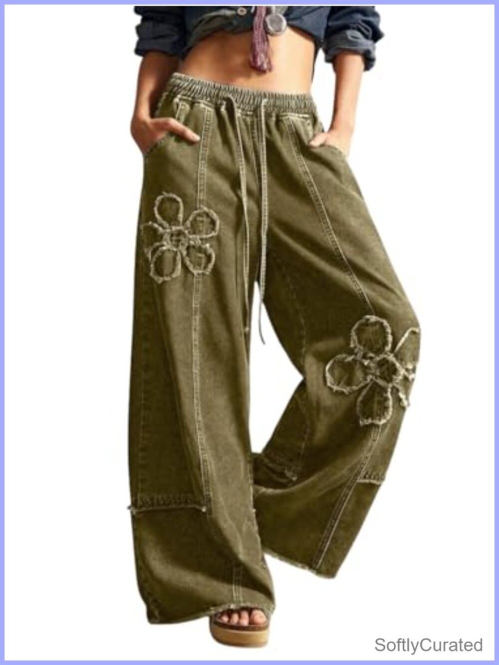 Women's Boho Floral Wide Leg Jeans Y2K Fringe Baggy Denim Culotte Palazzo Pants